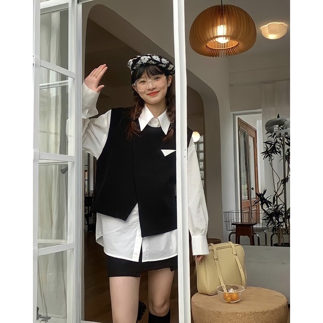 [ Ảnh thật ] ÁO SƠ MI DÁNG RỘNG KÈM GILE CÀI VẠT CHÉO | BigBuy360 - bigbuy360.vn