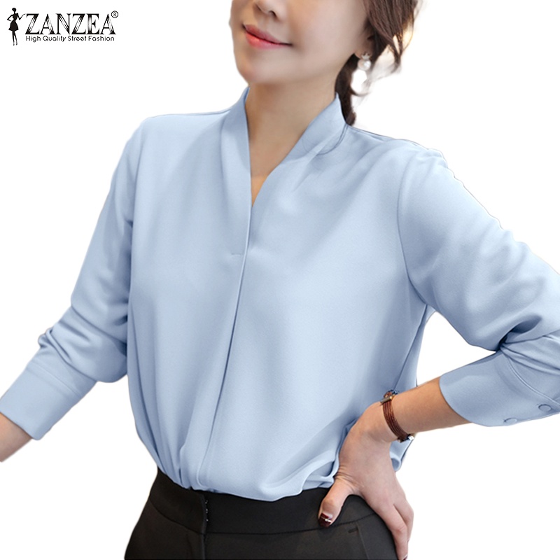 Áo sơ mi nữ ZANZEA tay dài cổ chữ V màu trơn thời trang