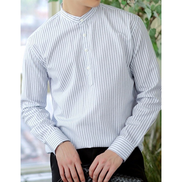 Áo sơ mi nam cổ trụ dài tay kẻ sọc trắng xanh