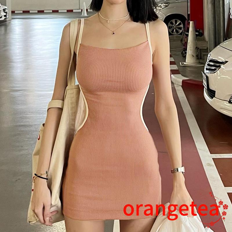 Đầm Hai Dây Ôm Dáng Màu Sắc Tương Phản Hở Lưng Gợi Cảm Cho Nữ