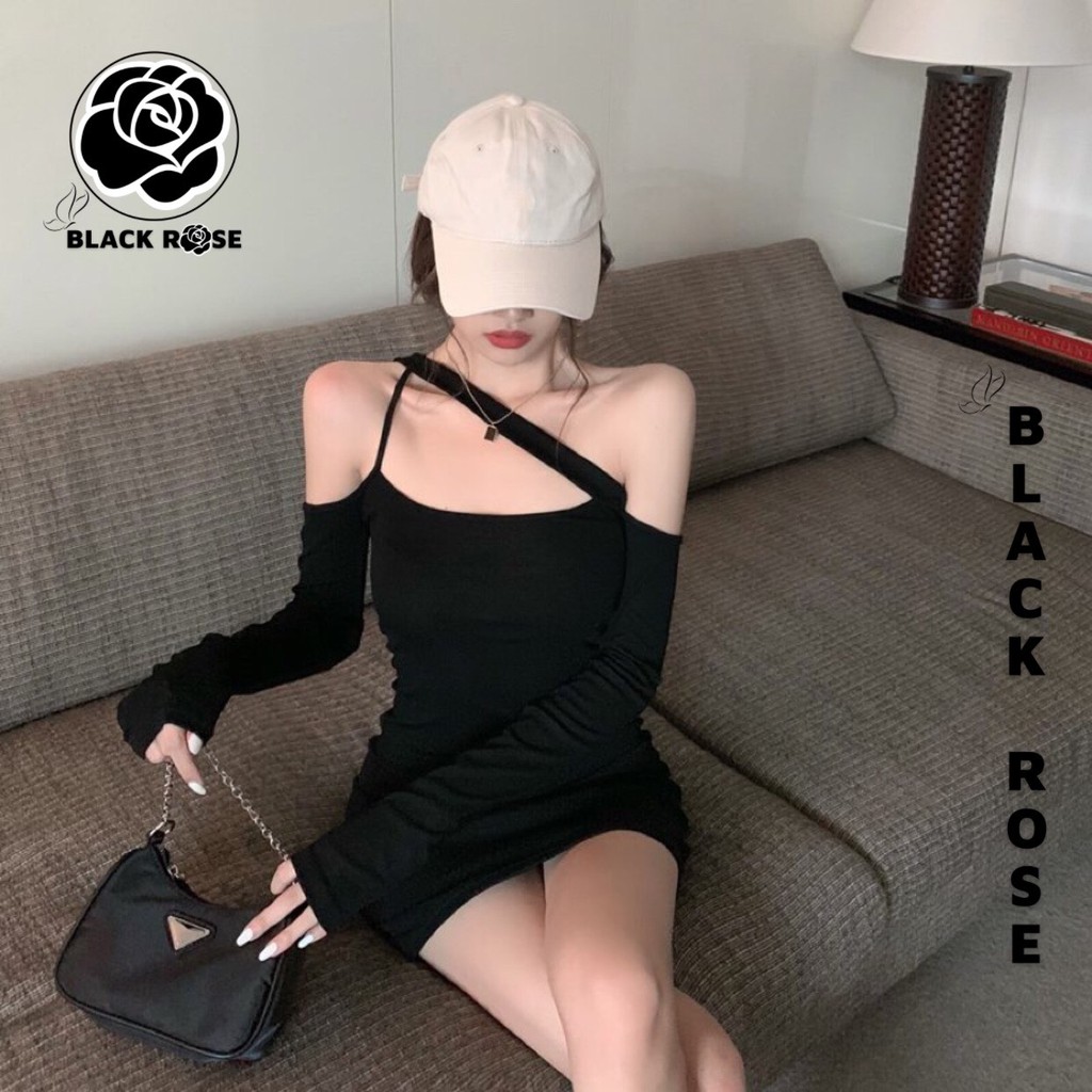 Váy Nữ Body Trễ Vai Dài Tay Black Rose Đầm Body Đen Cao Cấp Sexy- TẤM BOUTIQUE