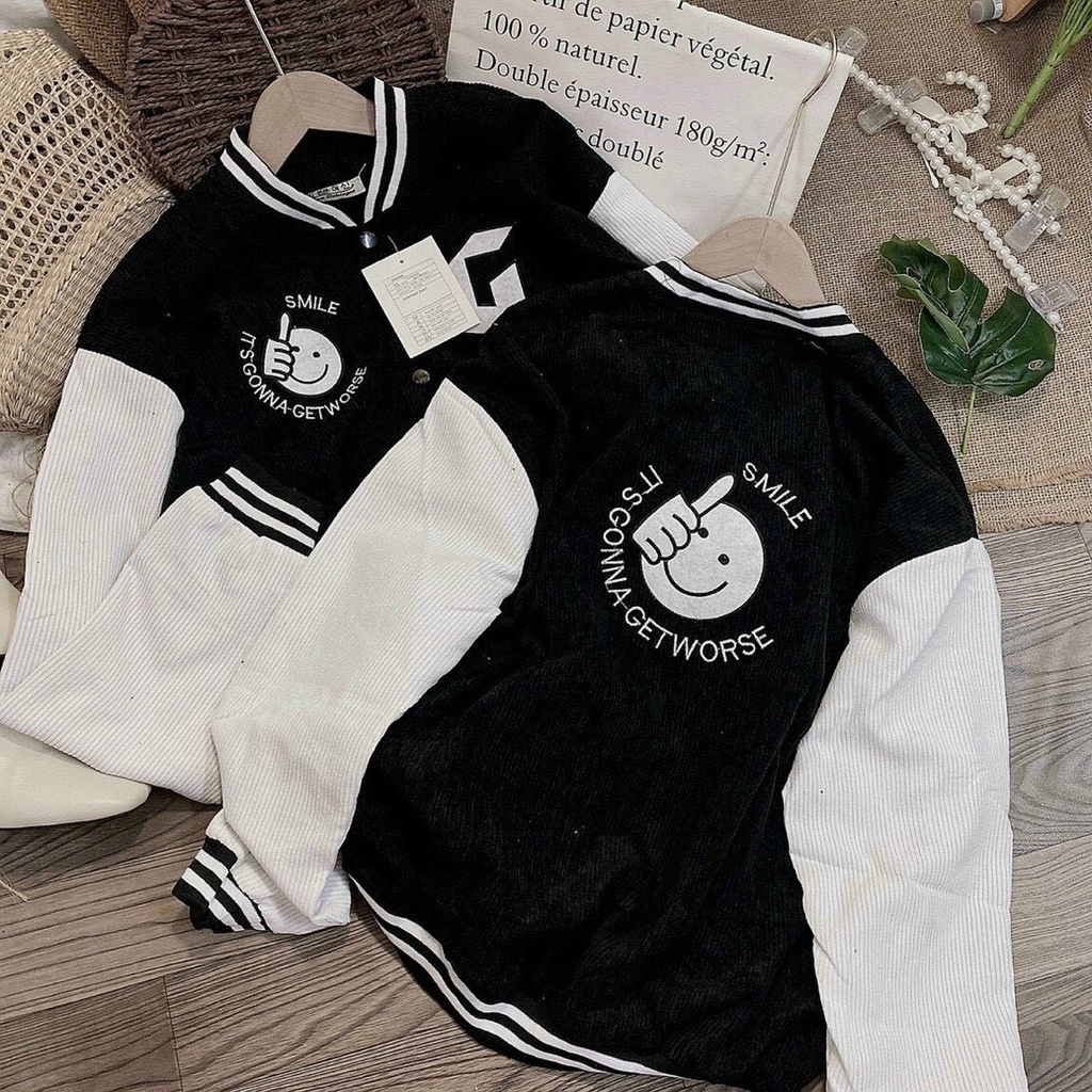 Áo Khoác Bomber nam nữ chất Nhung Tăm 2 Lớp Thêu Hình Chữ G Mặt Cười Form Unisex hàng mới