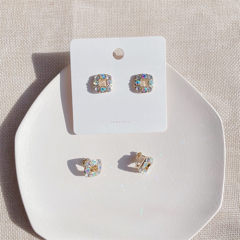 Khuyên tai kẹp không bấm lỗ chốt cố định K192 bằng hợp kim mạ vàng hình vuông đính hạt đá dáng ngắn Leous Accessories