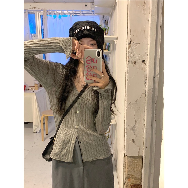 Áo cardigan XIAOZHAINV dệt kim dài tay cổ chữ V dáng ôm phong cách Hàn Quốc 4 màu lựa chọn