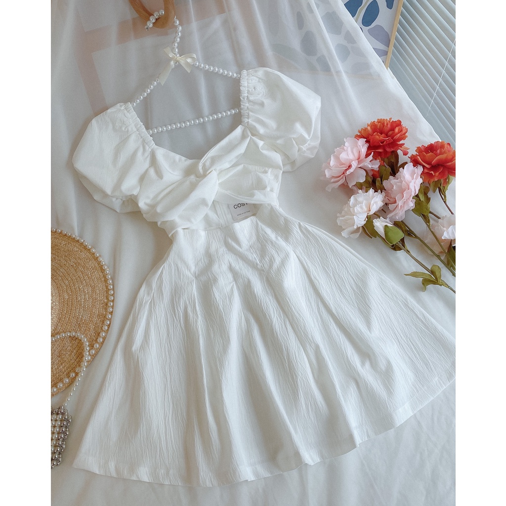 ĐẦM TRẮNG KHOÉT BỤNG TAY PHỒNG NHÚN TENNI DRESS