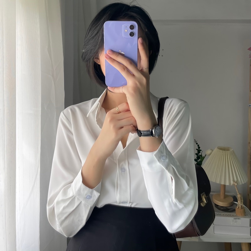 Áo sơ mi nữ màu trắng dài tay form rộng công sở kiểu Hàn Quốc chất mịn AAS441