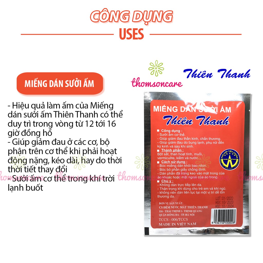 Miếng dán sưởi ấm Thiên Thanh, giữ ấm cơ thể, giảm đau bụng, đau chấn thương - Hộp 10 miếng