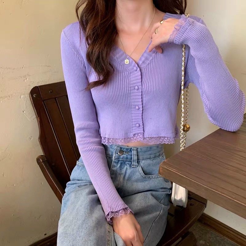 Áo len tăm chân ren cài khuy dáng cadigan dài tay