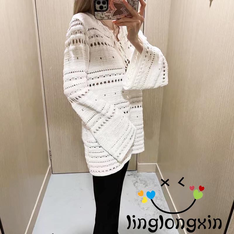 Áo Dệt Kim Tay Dài Cổ Tròn Thắt Dây Chéo Màu Trơn Phong Cách Vintage Dành Cho Nữ Linglongxi2-Y2K