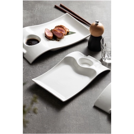 Đĩa sứ trắng dùng món chính và kèm đĩa chấm cho nhà hàng, khách sạn kiểu Phương Tây