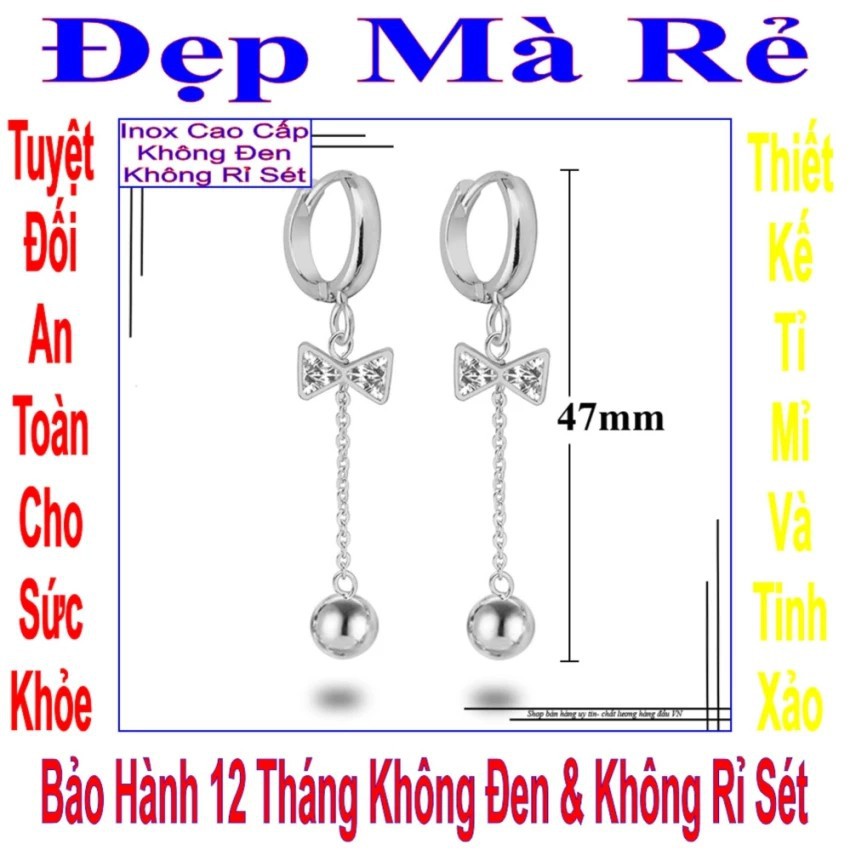 Bông tai nữ kiểu tòn ten chiếc nơ đính đá treo viên bi BTNUTONTEN00079T030069 màu trắng