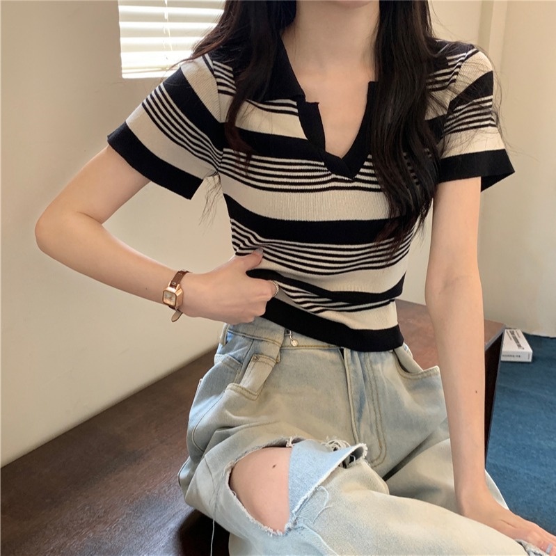 Áo thun ZHELIHANGFEI cổ polo tay ngắn họa tiết kẻ sọc thời trang dễ phối đồ dành cho nữ