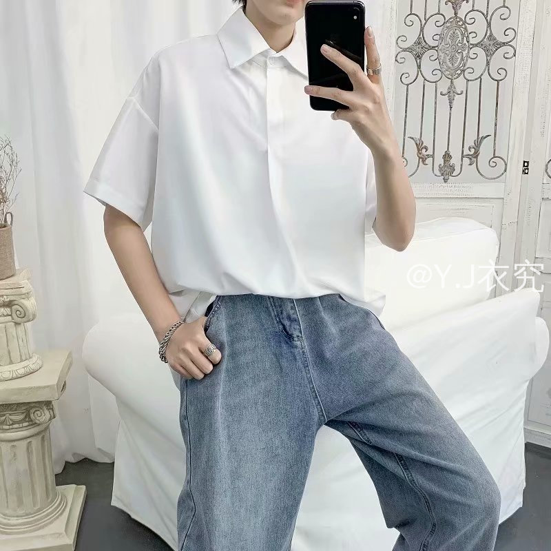 Áo Sơ Mi Tay Lửng Vải Lụa Lạnh Mỏng Màu Sắc Trơn Phong Cách Hawaii Cho Nam