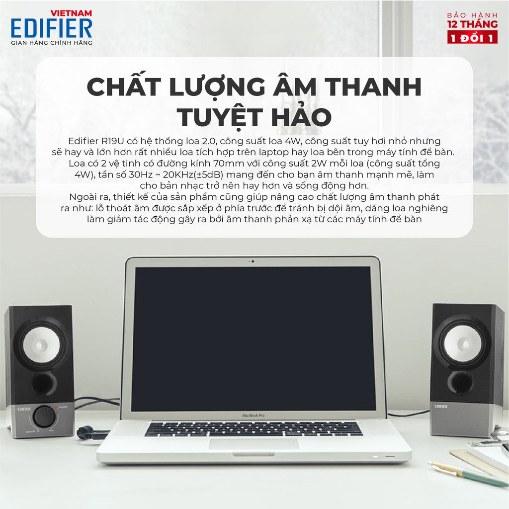 Loa vi tính EDIFIER R19U - Loa 2.0 mini cổng nguồn USB - Thiết kể nhỏ gọn - Vỏ gỗ giảm dội âm Hàng phân phối chính hãng