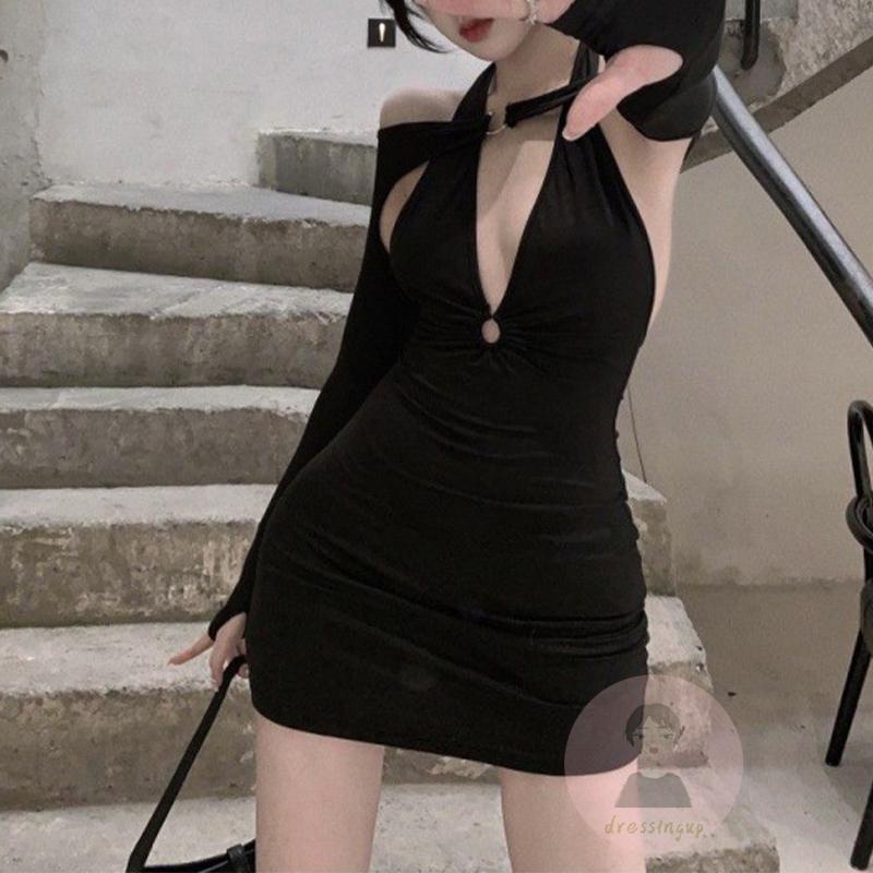 Đầm Ngắn Ôm Dáng Cổ V Hở Lưng Tay Dài Màu Trơn Có Dây Cột Dành Cho Bạn Nữ Mặc Vào Mùa Hè