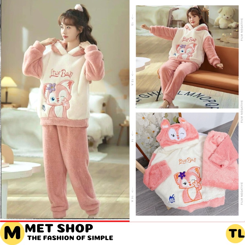 Sét bộ ngủ lông thỏ kèm mũ Cute siêu ấm chống rét mặc nhà mềm mịn giữ nhiệt xinh. MIALA