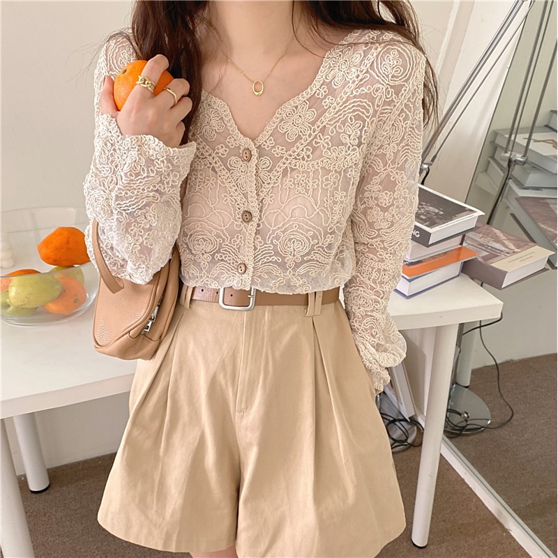 [ORDER] Áo blouse ren xuyên thấu style Hàn Quốc nữ tính (trắng/nude)