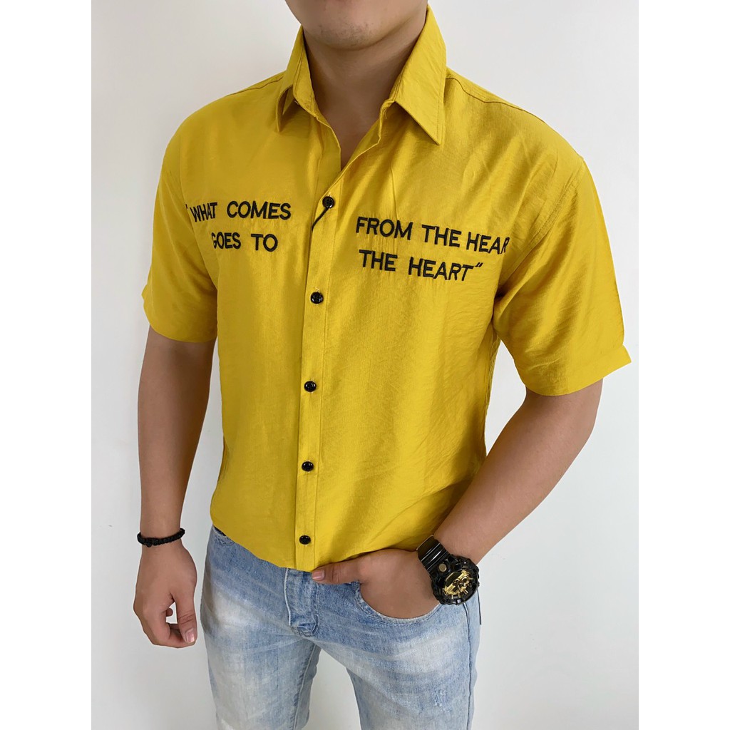 Áo sơ mi Nam 3 màu Vàng Trắng Đen phối chữ phù hợp với mọi thời tiết, đa dạng phong cách