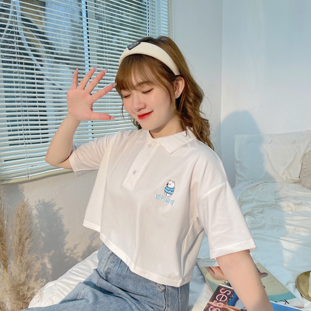 Áo thun croptop polo hình gấu nhiều màu form rộng basic ulzzang - Made by Fiin