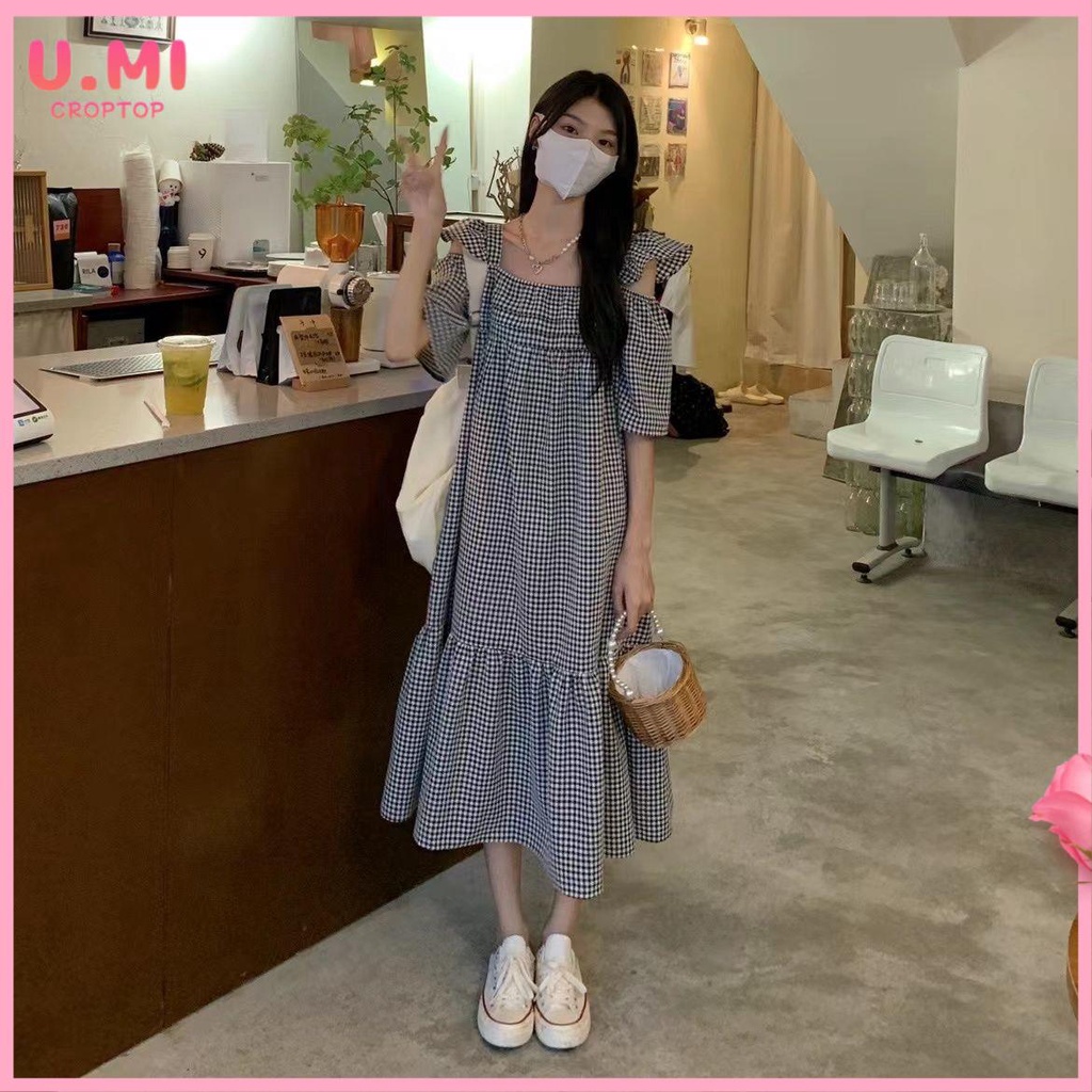 Váy babydoll Đầm Cổ Vuông Hở Vai Họa Tiết Sọc Caro Phong Cách Pháp Thời Trang Mùa Hè Hàng Mới Dành Cho Bạn Nữ
