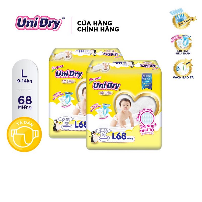 Combo 2 Tã dán UniDry Siêu khô thoáng gói Super Jumbo size M76/L68/XL62