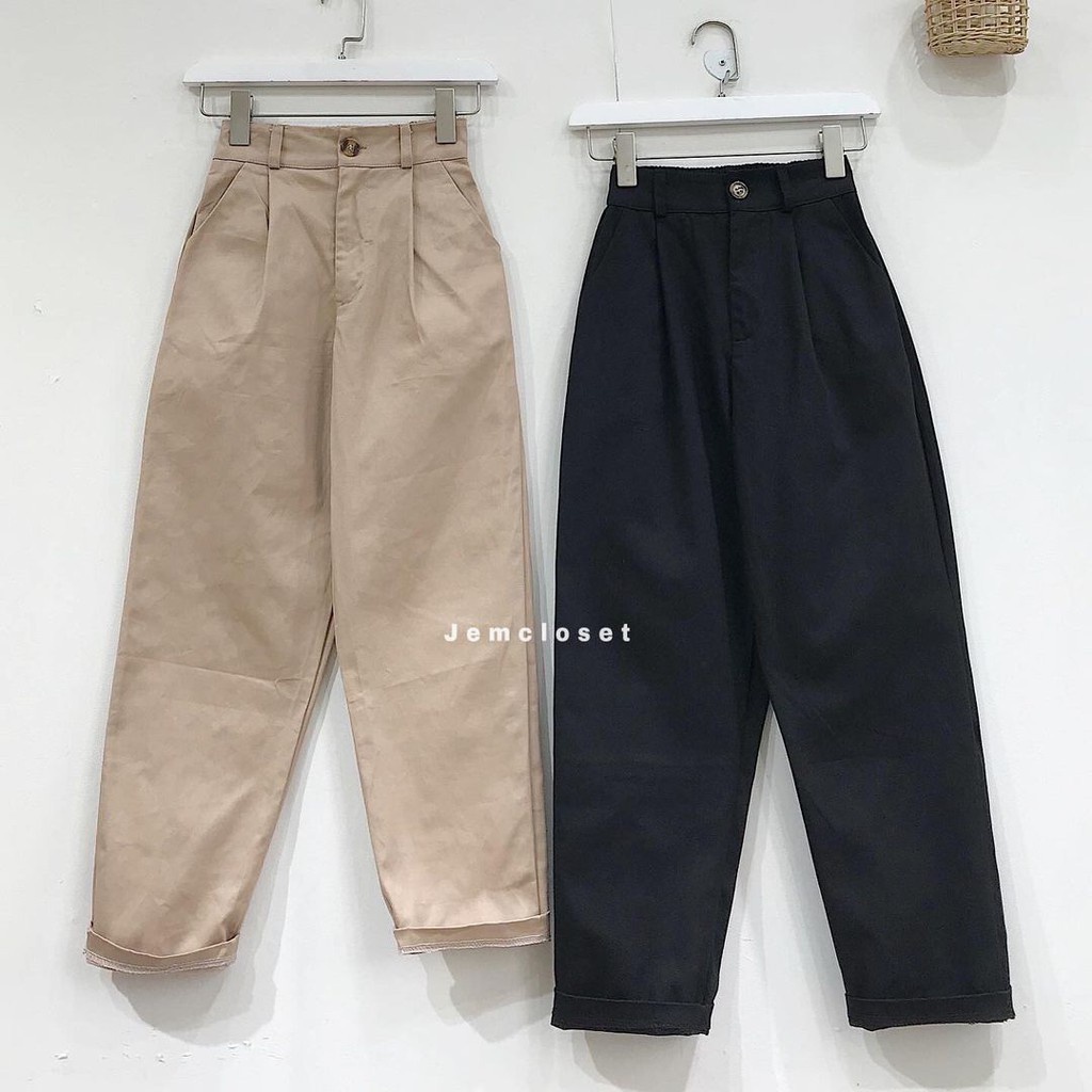 Quần Baggy Nữ Trơn Ống Suông Quần Kaki Cạp Cao Lưng Chun Co Giãn Trẻ Trung Năng Động NESE 3 Màu Đen Be Nâu 2681