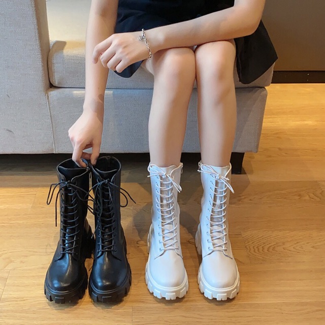 Boots Martin Ulzzang cổ ngắn đan dây đế răng cưa cao 5cm