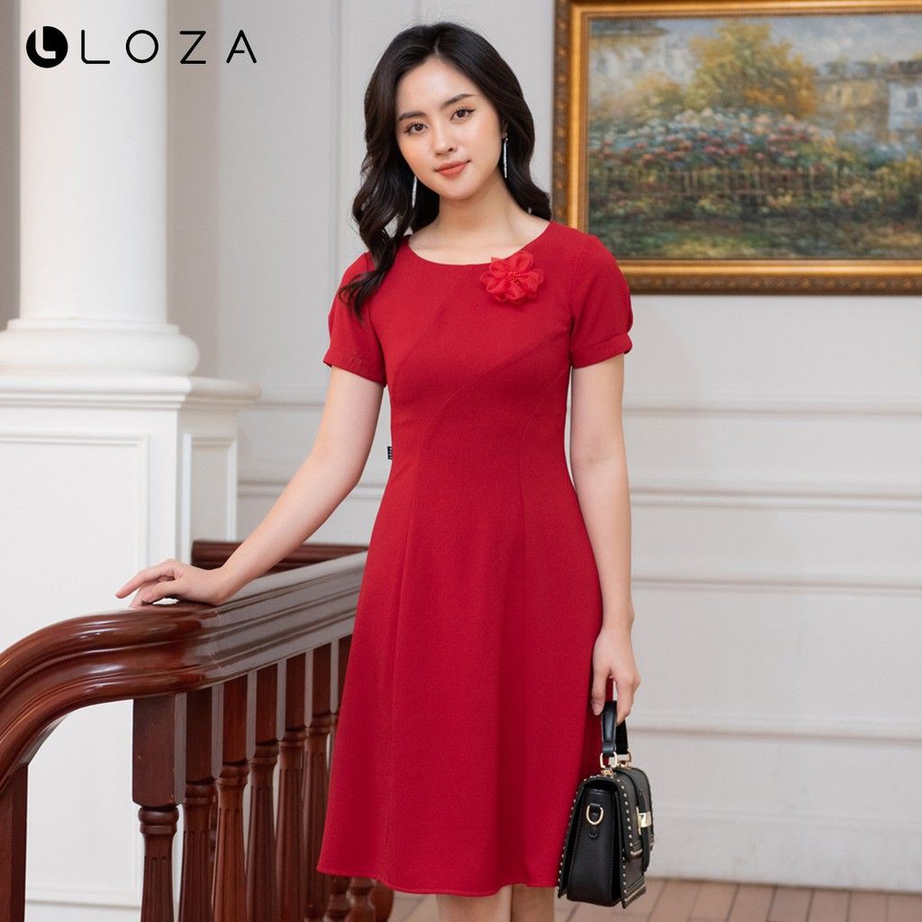 [Mã FAMALLT5 giảm 15% đơn 150k] Váy đầm dáng xòe màu đỏ đính hoa LOZA LD2339