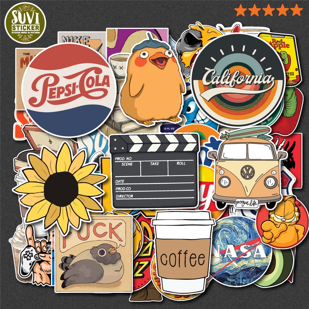 50 Sticker Vintage Mix 3 chống nước sticker dán mũ bảo hiểm, laptop, điện thoại, đàn guitar, vali. MSP: SV42