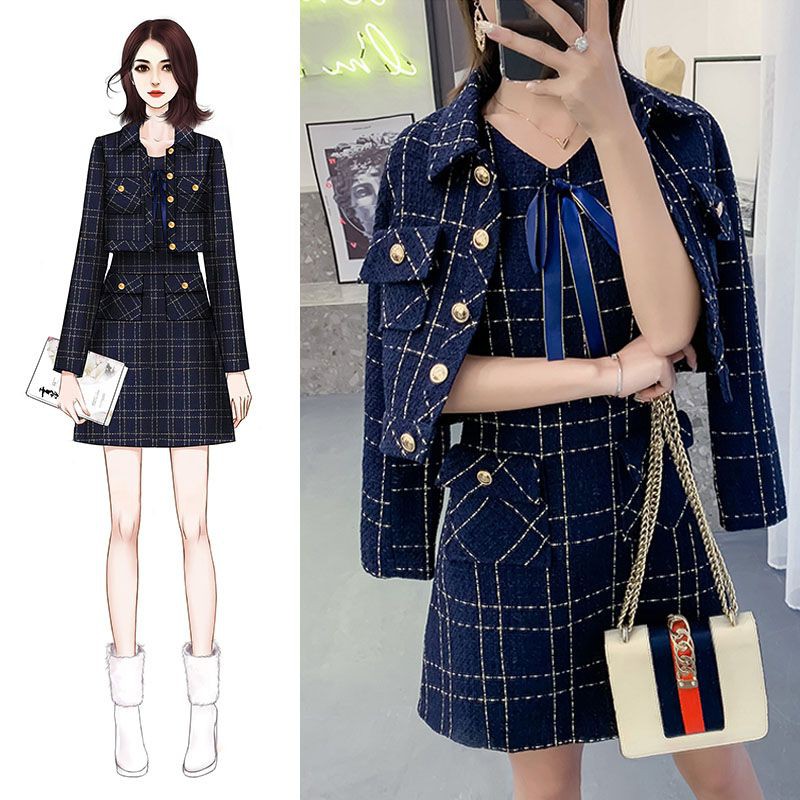 (SẴN) Set dạ xanh than váy liền kèm áo khoác