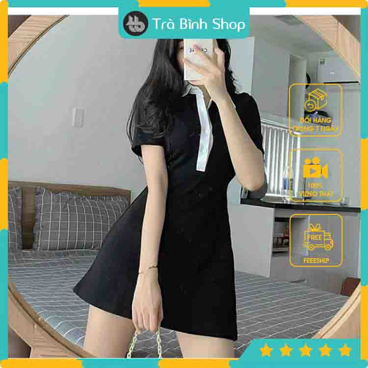 Đầm Polo Mặc Đi Chơi Dáng Ôm Màu Đen Phối Cổ Trắng Váy Dạo Phố Body Ngắn Tay Dự Tiệc