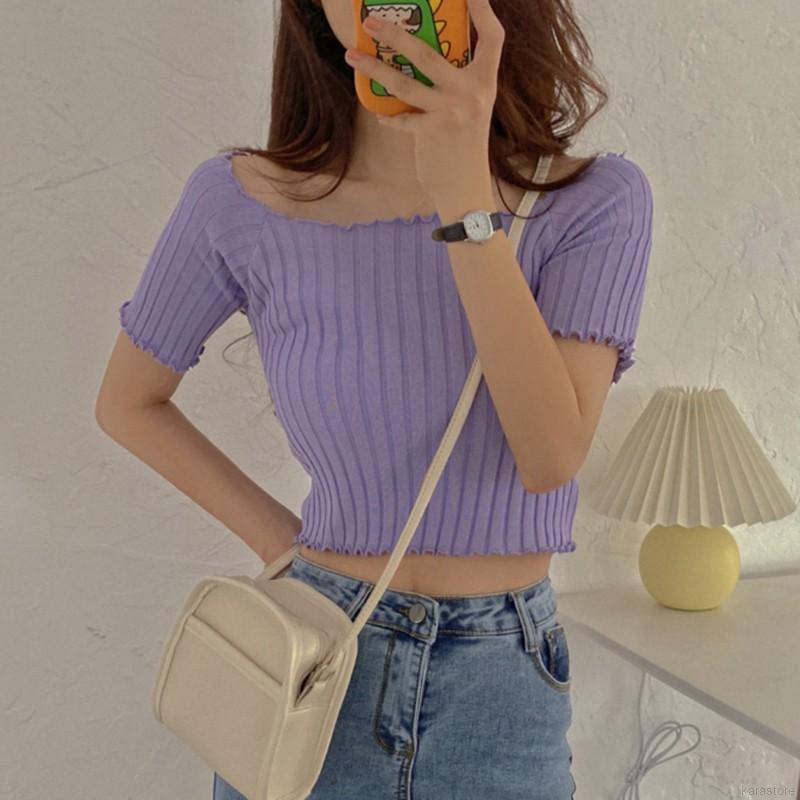 Áo Croptop Dệt Kim Tay Ngắn Thiết Kế Trễ Vai Gợi Cảm | BigBuy360 - bigbuy360.vn