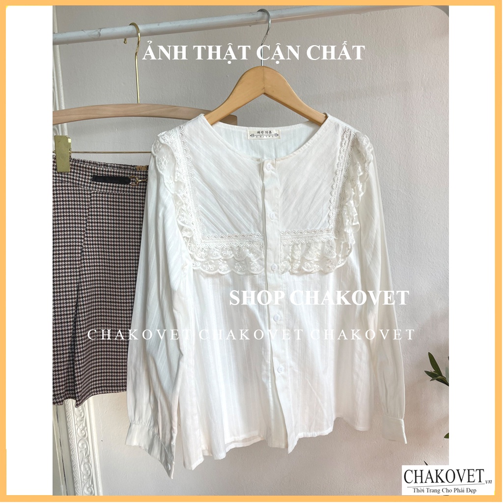 Áo sơ mi nữ dài tay màu trắng A875, kiểu áo nữ cổ tròn thiết kế 2 lớp ren ngực phong cách retro hàn quốc freesize <53kg | BigBuy360 - bigbuy360.vn