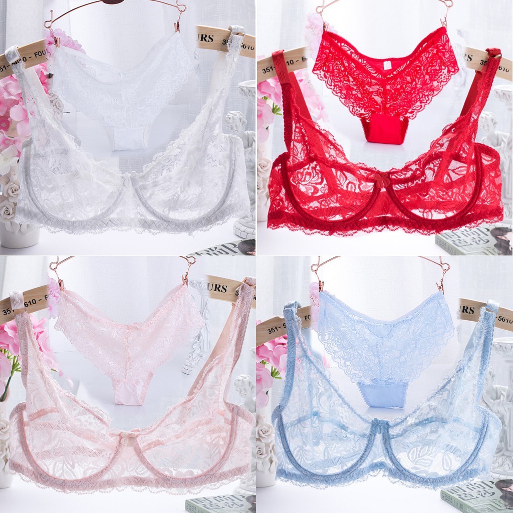 Bộ nội y vạc ren nâng cúp ngực 3/4 thoáng khí siêu mỏng cho nữ