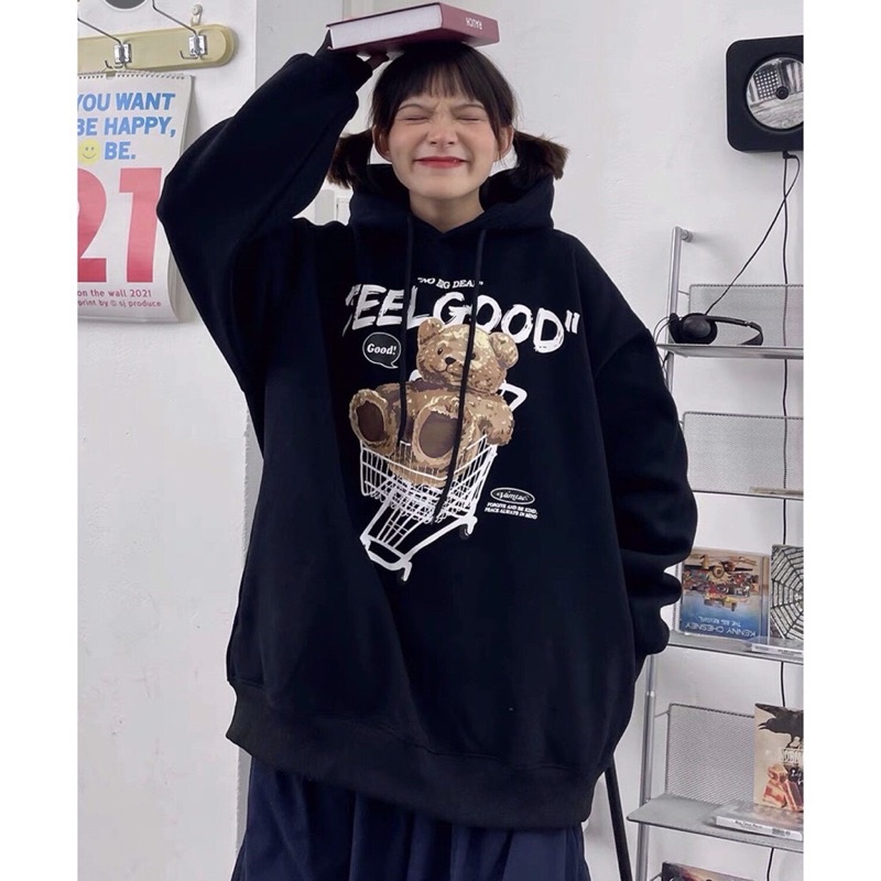 Áo Khoác Bomber Nỉ FEELGOOD in Hình Gấu_ ay Cánh Dơi Phồng Phom Rộng_Chất Nỉ Bông Ngoại Nhập Không Xù Lông