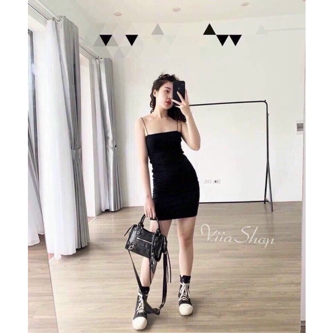 Đầm váy len body 2 dây bún 2 dáng ngắn - dài QC