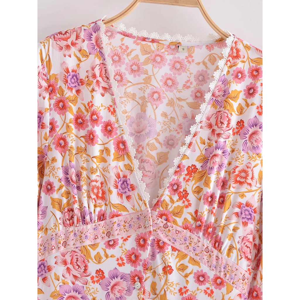Đầm Zara hoa tren ngực tay nơ, mặc gầy xinh đẹp DH10DDG56N10