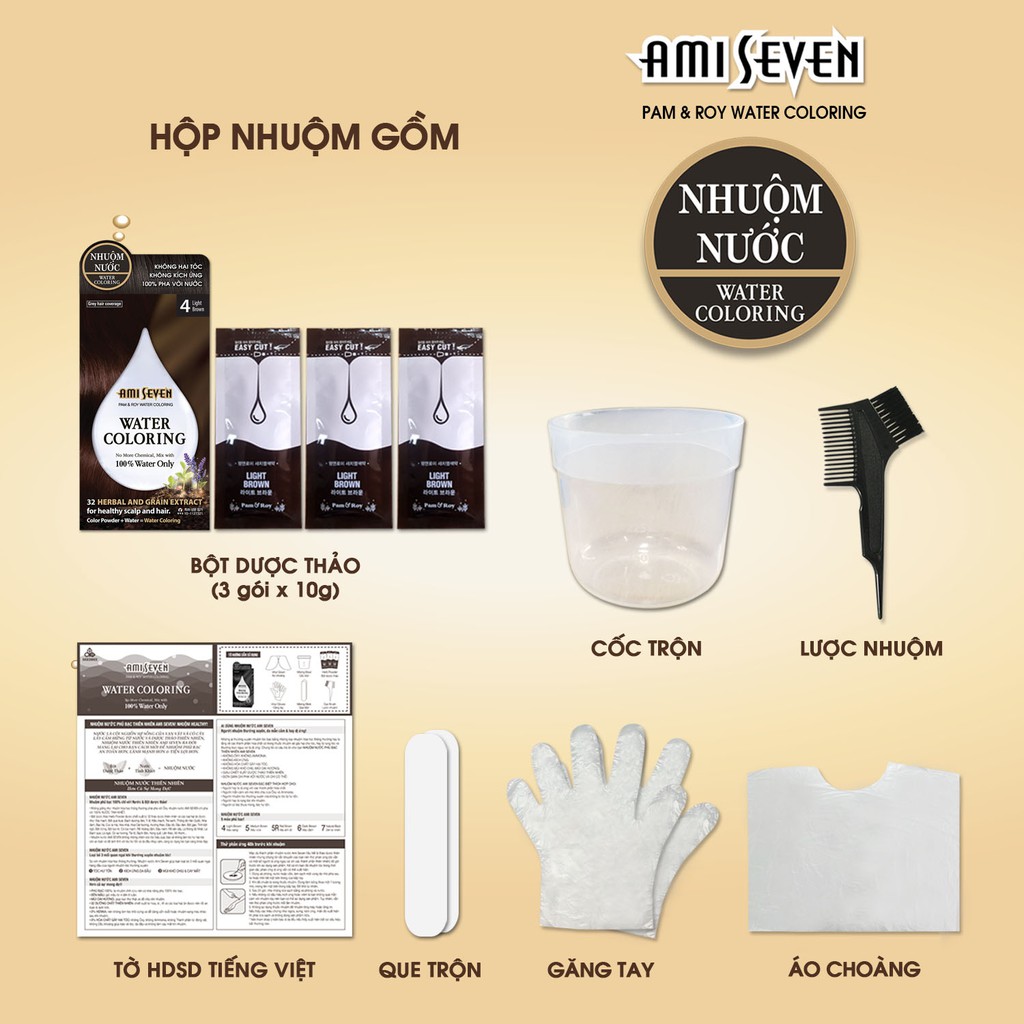 Nhuộm Nước Thiên Nhiên Ami Seven #5 Medium Brown. CHỈ PHA 100% VỚI NƯỚC - Hộp 3 góix10g (30g) + Phụ kiện nhuộm.