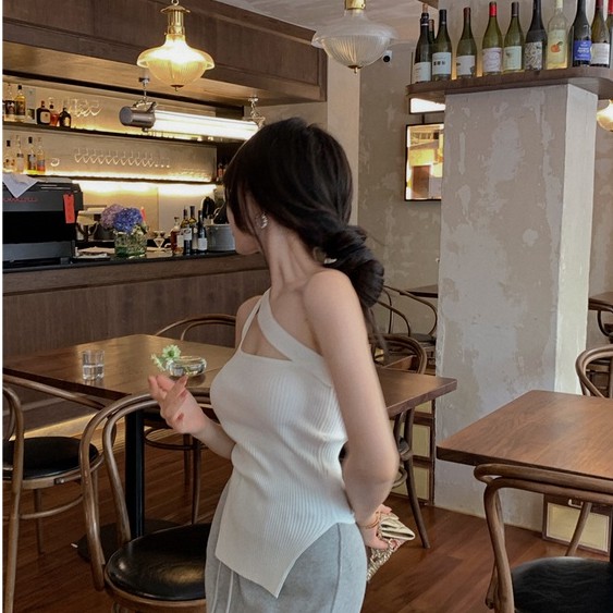 QADCOL Áo dệt kim hai dây màu trắng thời trang cho nữ