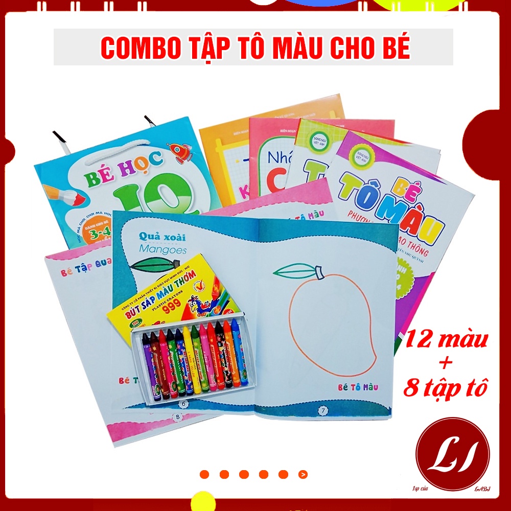 Bộ tập tô màu : Set 8 tô hình nhiều chủ đề và 1 Hộp sáp màu cho bé