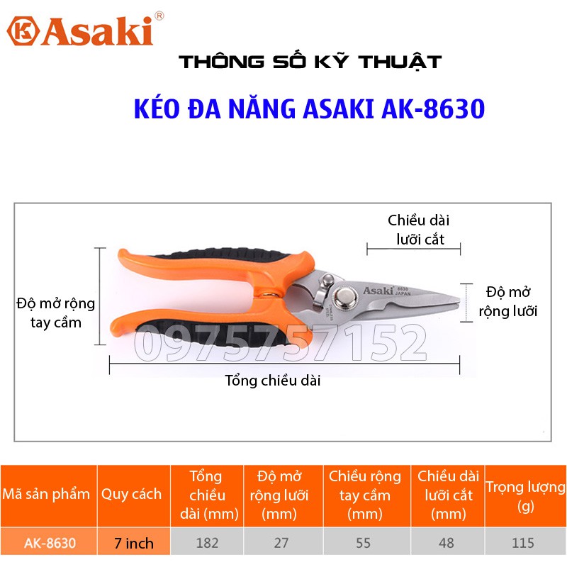 Kéo đa năng lưỡi Inox mũi thẳng Asaki JAPAN, kéo cắt lon, cắt giấy bìa dây, tuốt vỏ dây điện, cắt nhựa, tỉa cành cây