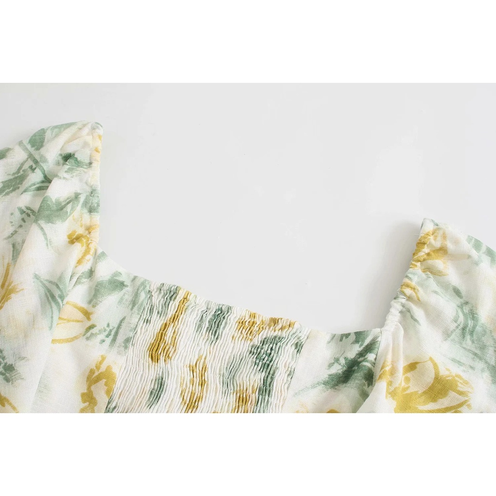 Đầm Zara hoa xanh vàng khoét eo sexy DH14KEG58N10