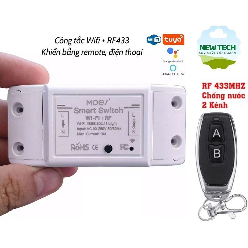 Công Tắc Điều Khiển Tuya Wifi 10A  + Bằng remote RF 433, Ra lệnh bằng giọng nói với Amazon, Google Home, Alexa