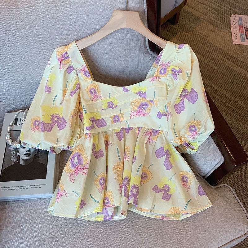 Áo Kiểu Tay Phồng Cổ Vuông In Họa Tiết Hoa Mẫu Mới Thời Trang Mùa Hè Cho Nữ