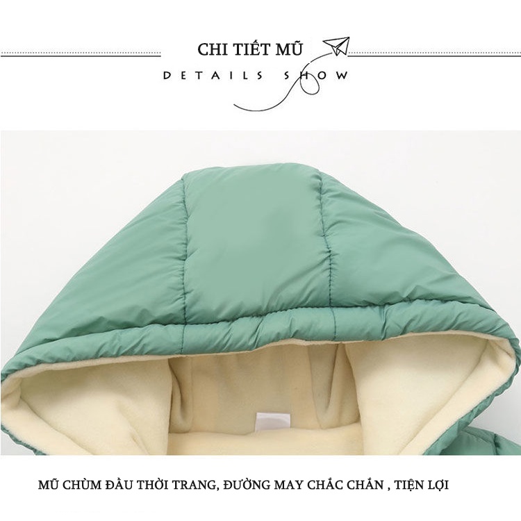 Áo phao gấu lót lông 5 lớp có mũ siêu yêu cho bé trai bé gái 7-18kg