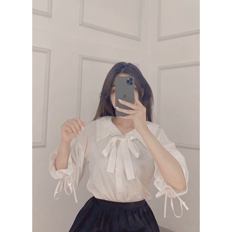 áo sơmi trắng form rộng tay phồng rút dây thắt nơ cổ (ảnh thật) | BigBuy360 - bigbuy360.vn