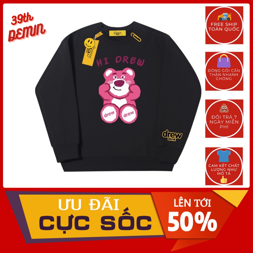 Áo nỉ Drew House mặt Gấu cười sweater unisex Form rộng Over Size 2 màu đen trắng