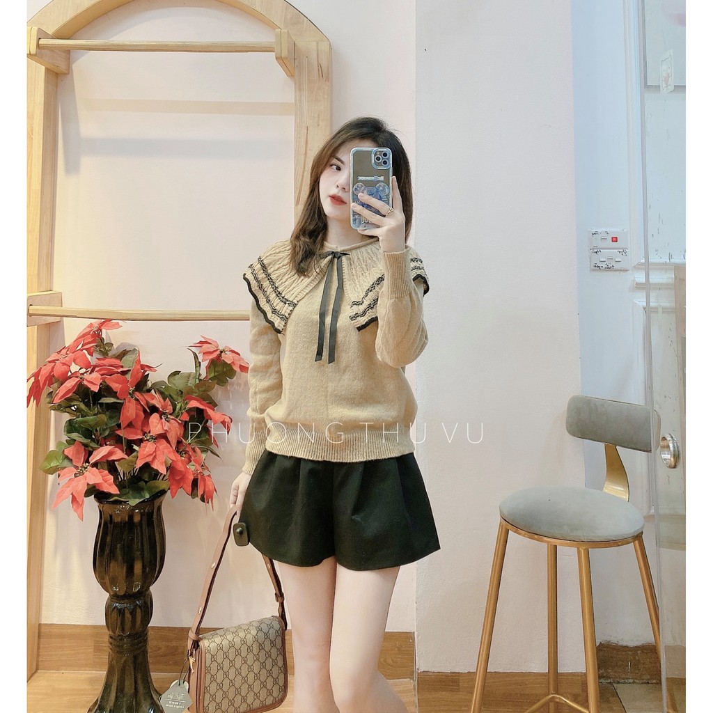 Áo len bèo trễ vai nơ ngực tông màu be - Ảnh thật tự chụp