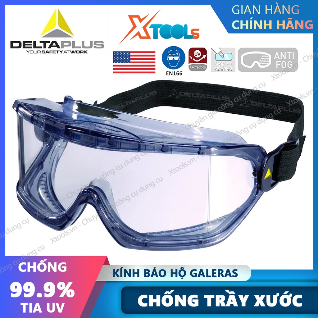 Kính bảo hộ chống hóa chất Deltaplus Galeras Mắt kính chống bụi, chống đọng sương, ôm theo dáng mặt, đeo được kính cận