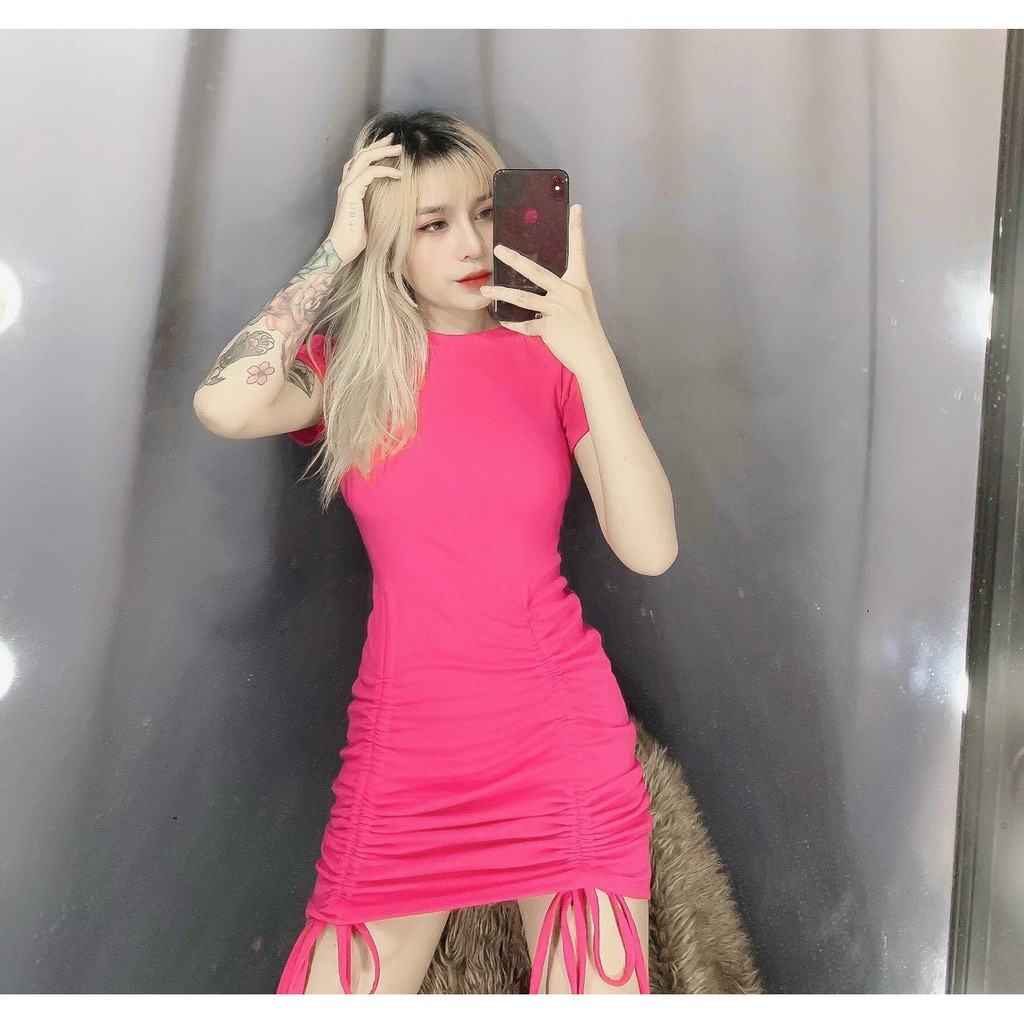 Đầm ôm body trơn rút dây 2 bên cực tôn dáng , chất thun bozip dày dặn co giãn
